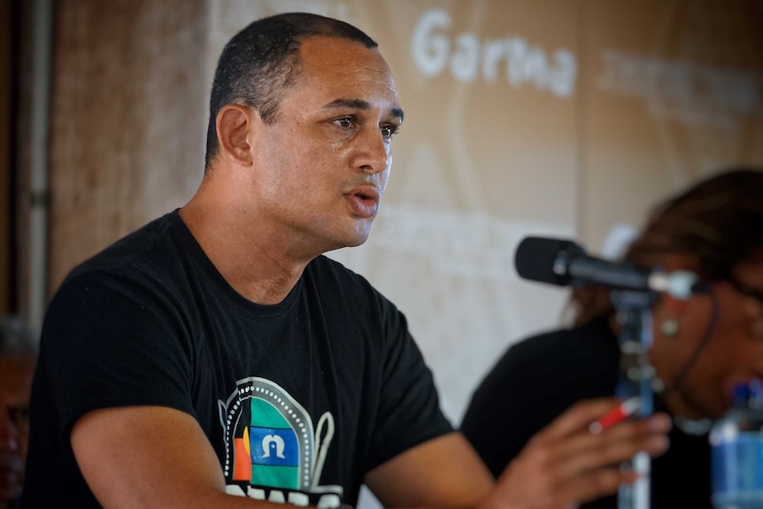 Uluru delegate Thomas Mayor talks on a panel at the Garma festival.