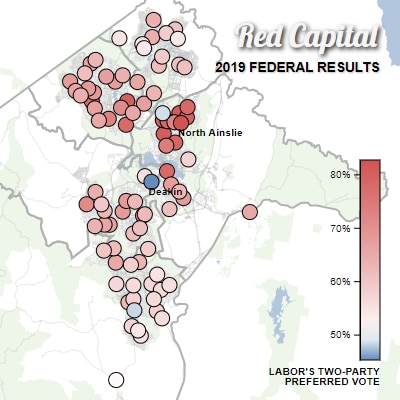 A map shows polling booths in Canberra for the 2019 federal election.