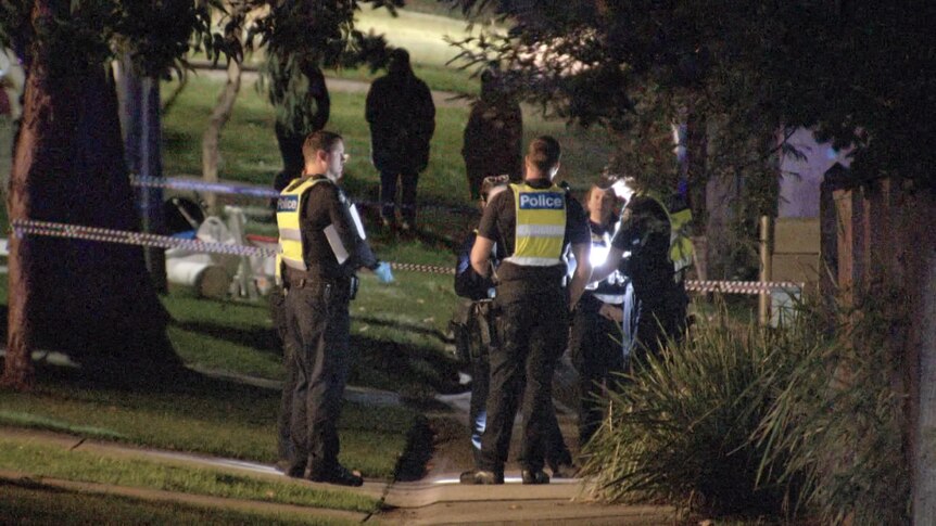 Police at a suburban crime scene at night.