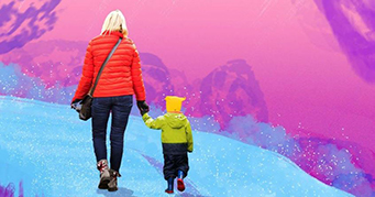 A woman holds the hand of a child as the walk into the distance. The image has been coloured in purples and blues.