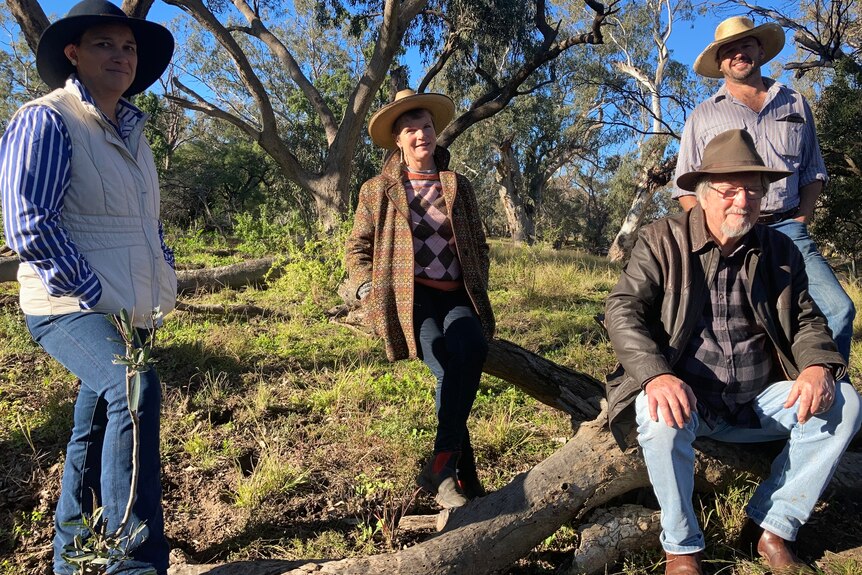 Two women and two men stand by a tree at a rural property. All wear widebrim hats