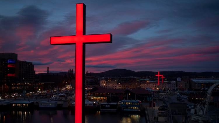 Red crosses on buildings in Hobart