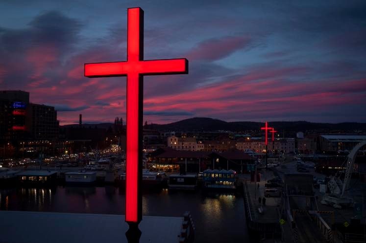 Red crosses on buildings in Hobart