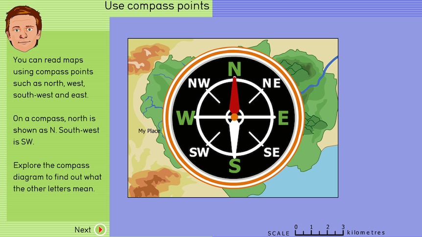 Rainforest game screenshot, map with compass overlaid