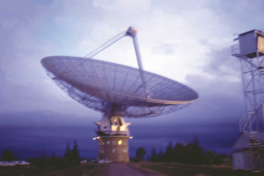 Parkes Observatory in 1969 during a storm, after moon landing occurred