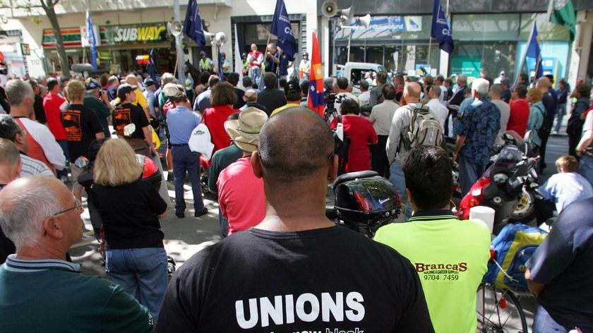 Union members outside Liberal Party headquarters protesting the new IR rules.