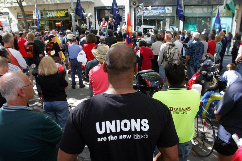 Union members outside Liberal Party headquarters protesting the new IR rules.