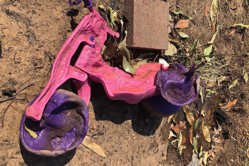 Melted child's pink and purple plastic bike at a property at Mount Larcom after bushfires.