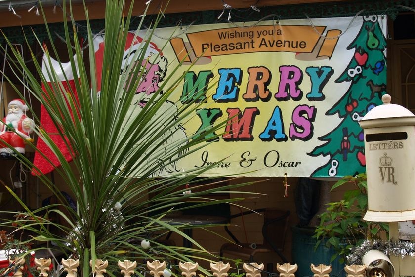 A Christmas sign in the front garden of Irene Campbell's Pleasant Avenue house