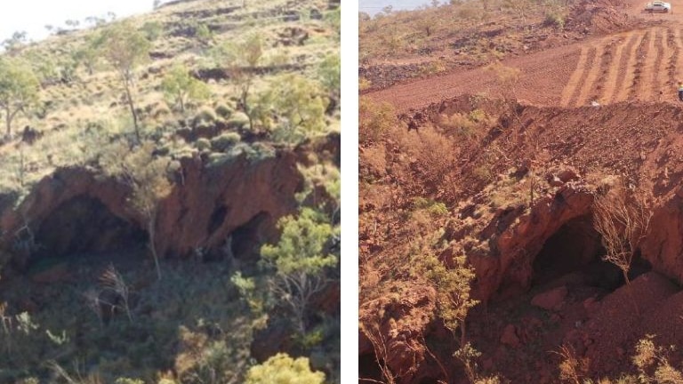 Two pictures of a cave. One with coverng of spinifex and sme trees, the other of the same cave but with no vegetation
