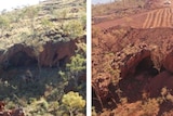 Two pictures of a cave. One with coverng of spinifex and sme trees, the other of the same cave but with no vegetation