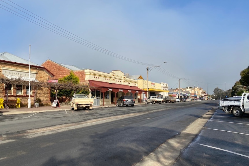 Lots of old buildings stand in a row along a wide country town street