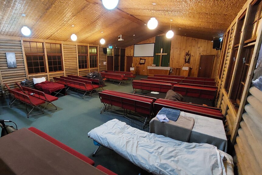 A church with beds in it.