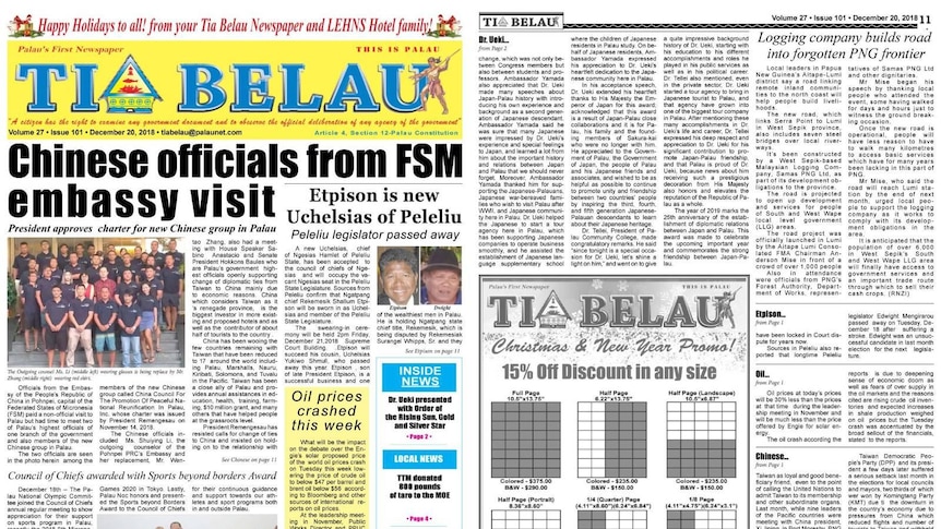 The text-heavy front page of Tia Belau newspaper with a larged headline reading "Chinese officals from FSM embassy visit".