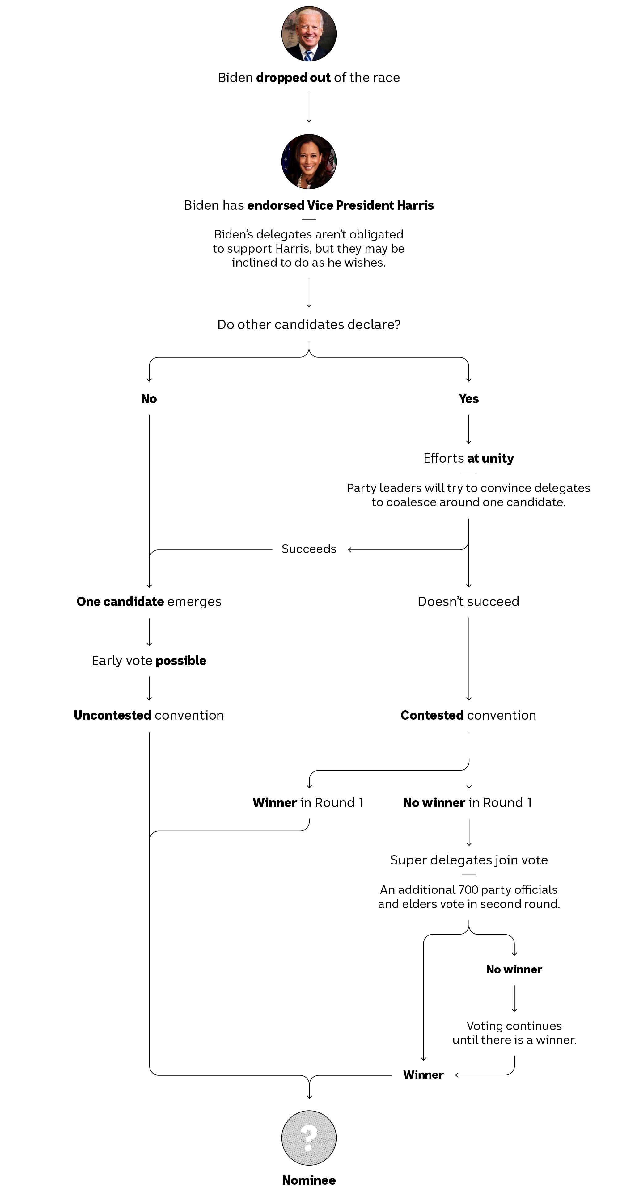 A graphic showing the path to be the Democrats' nominee for president, with images of Joe Biden and Kamala Harris.