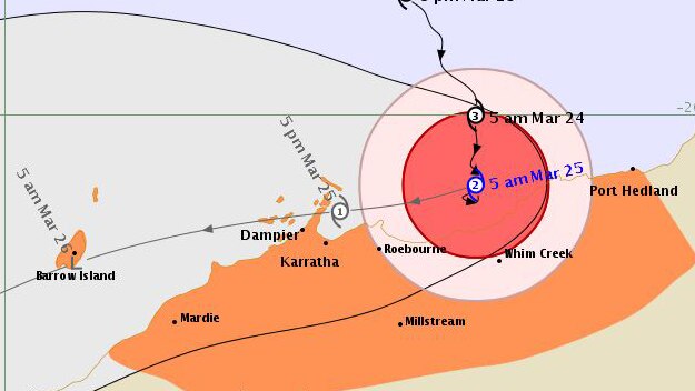 A tracking map showing cyclone Veronica's predicted path.