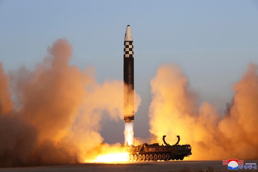 This photo provided by the North Korean government shows what it says is an intercontinental ballistic missile.