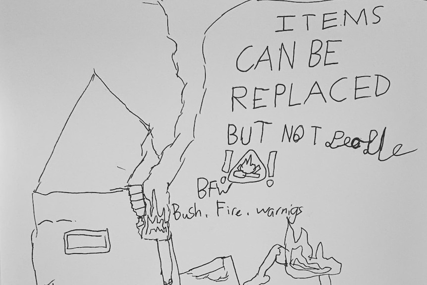Child's drawing of bushfire with words 'items can be replaced by not people' in story about children and bushfire trauma.