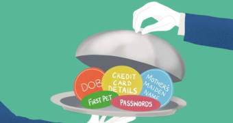 An illustration showing cards like "first pet" and "passwords" being served on a silver dish.