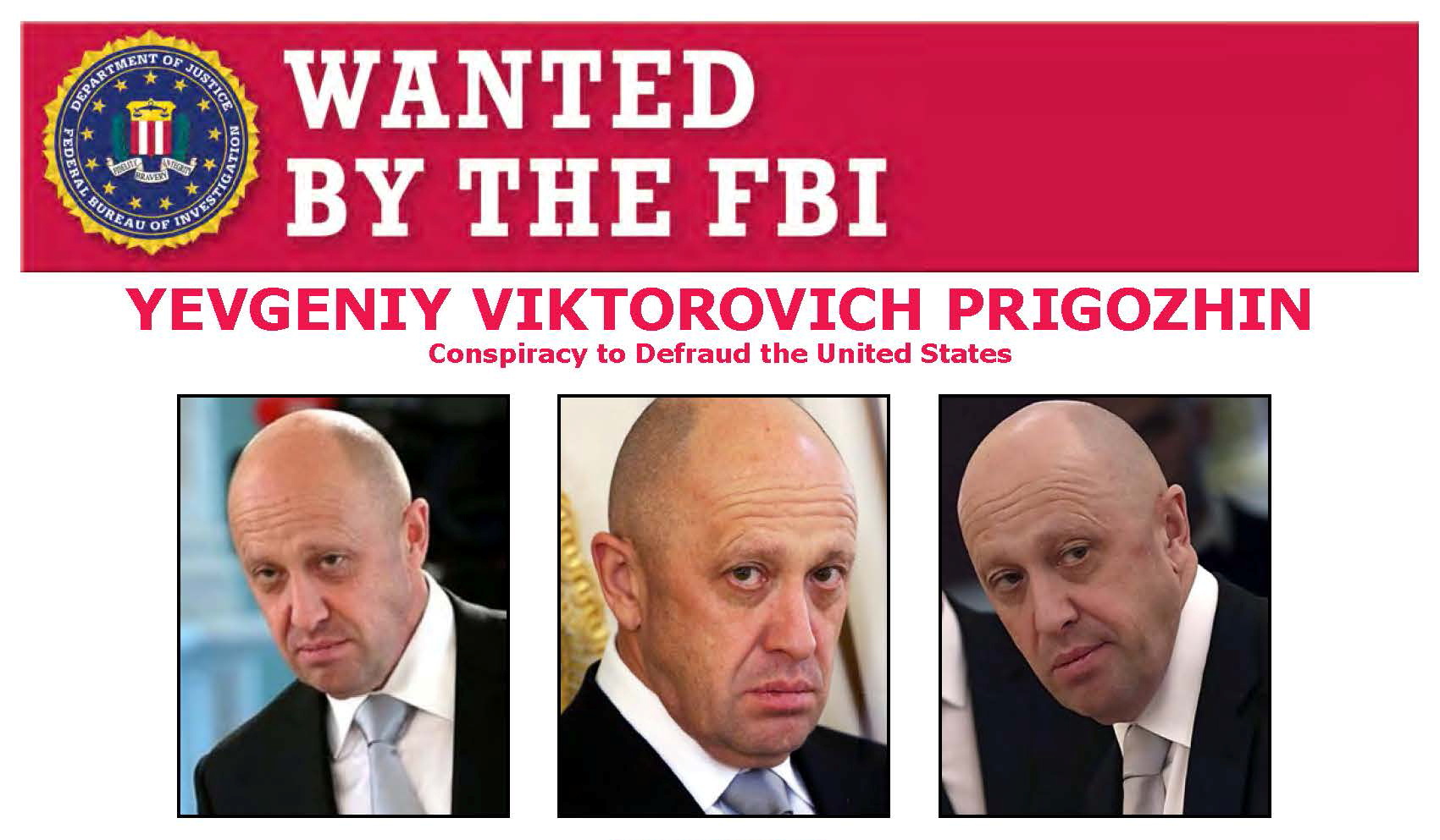 A poster with the title WANTED BY THE FBI features three photos of a bald man wearing a suit and blue tie