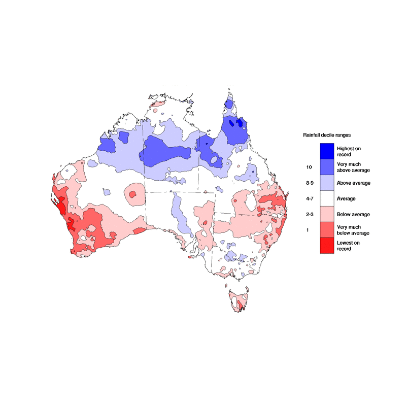 A rainfall map showing above average rainfall in northern Australia while rainfall was below average further south.