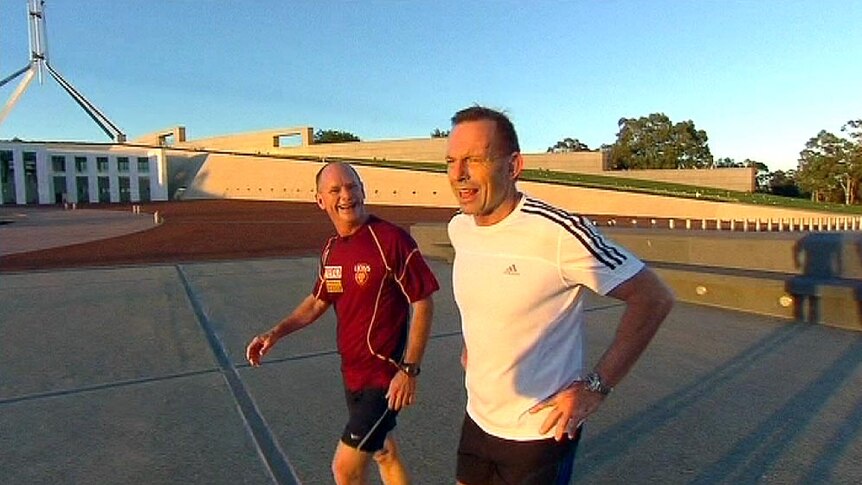 LtoR Qld Premier Campbell Newman and Prime Minister Tony Abbott embark on a morning jog.