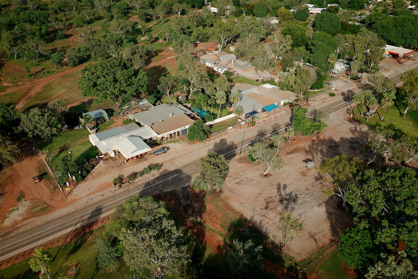 A drone image of the remote community Mataranka in the Northern Territory. 