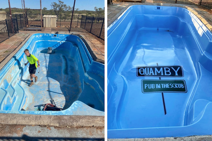 A before and after shot of a blue swimming pool