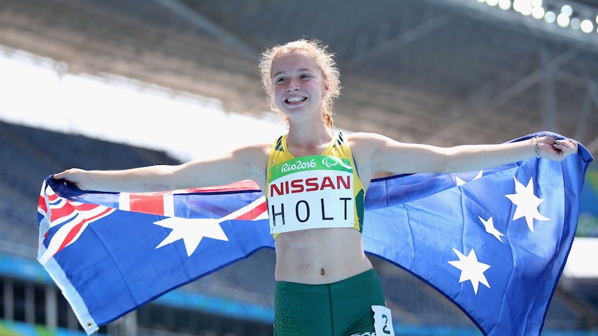 Australia's Isis Holt celebrates her silver medal in the women's 100m T35 final in Rio