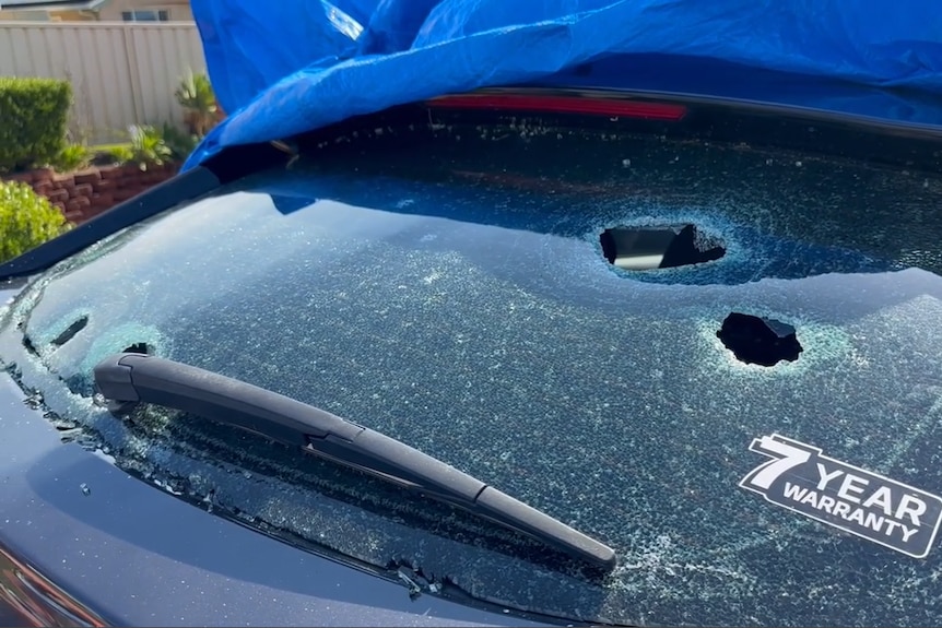 Car back windscreen with big holes in the glass from hail stones