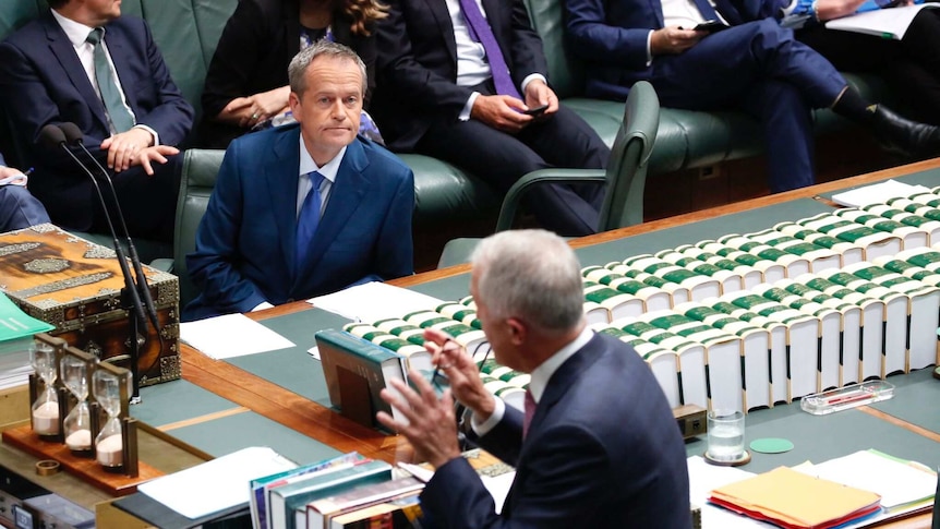 Bill Shorten listens to Malcolm Turnbull during Question Time.