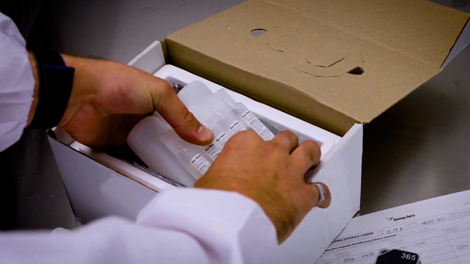 Medical items being packed for drone delivery.