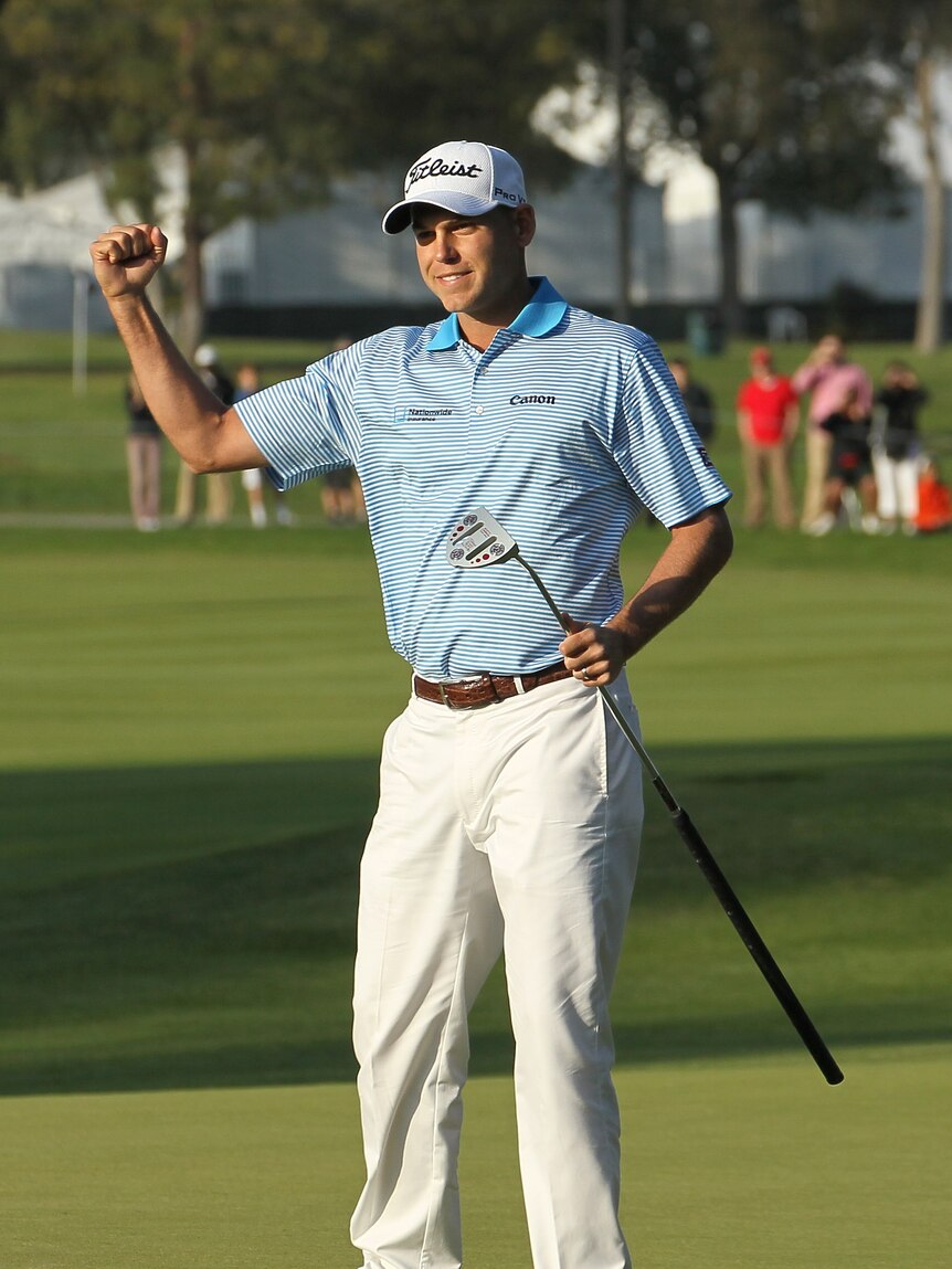 Pumped ... Bill Haas celebrates the birdie putt on the second playoff hole that eventually clinched him victory.