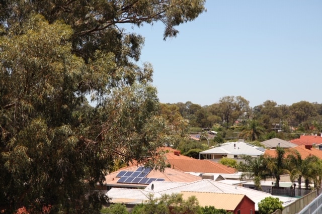 Rooftops of Mandurah houses taken from railway station bridge, Mandjoogoordap Road.