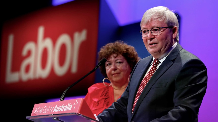 Kevin Rudd crying on a stage