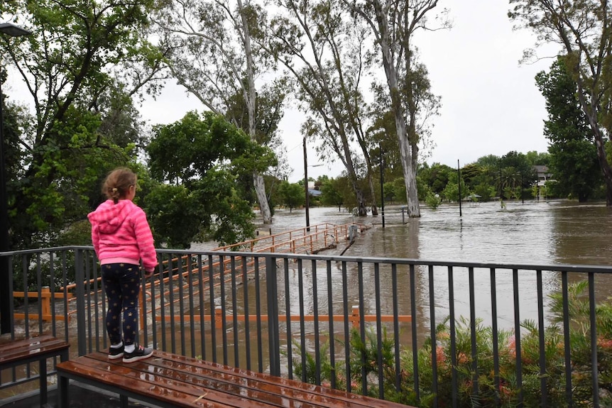 A young girl wearing a pink hoodie looks out from an overpass at rising floodwaters in the township of Euroa.