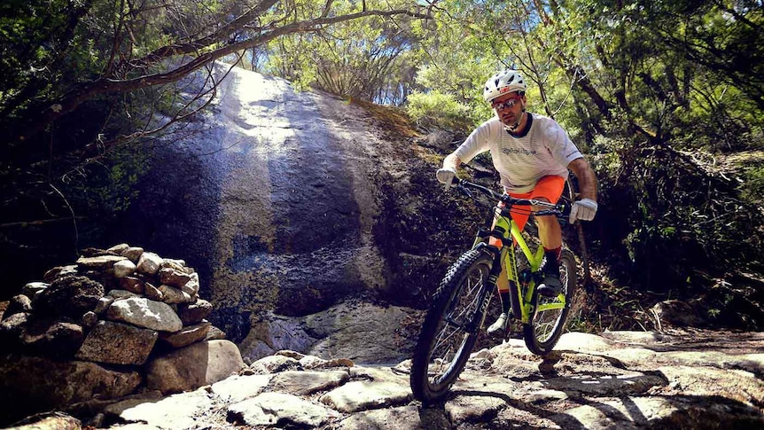 A cyclist takes on a Blue Derby mountain bike track