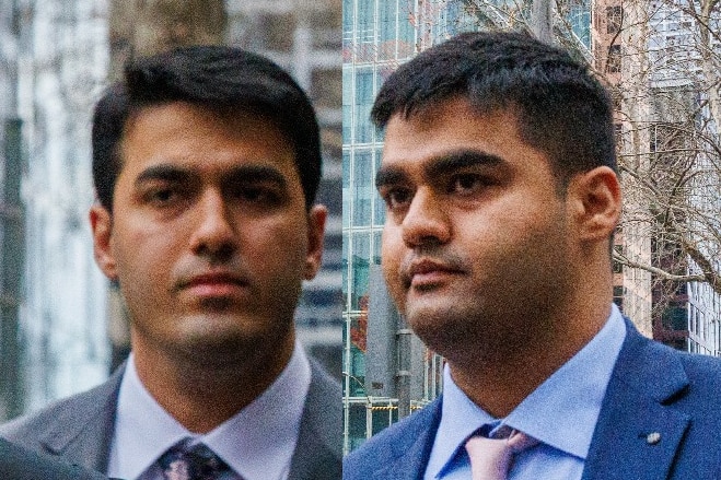A composite image of brothers Obaid and Shaheryer Khan, wearing suits outside court.
