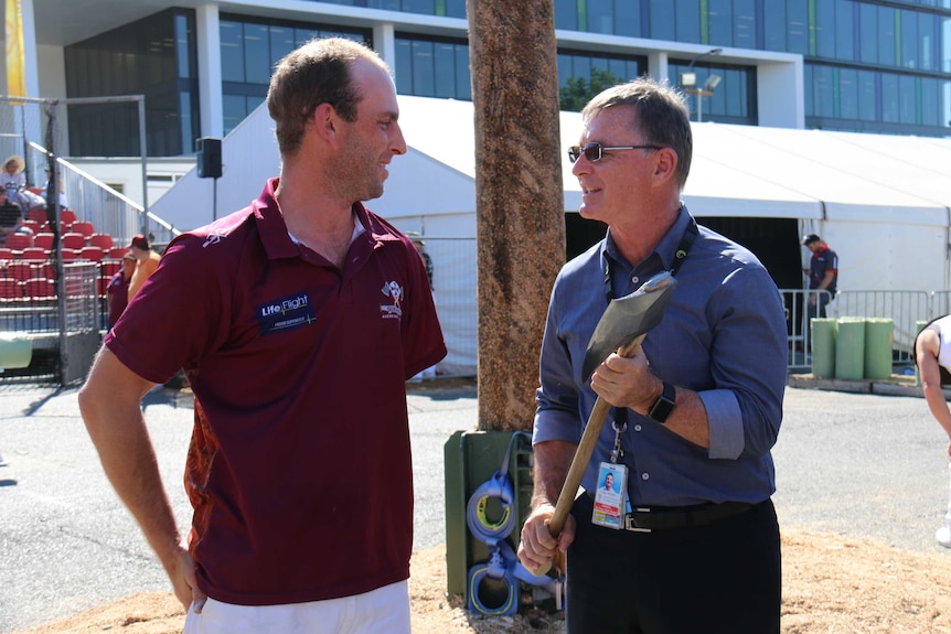 Nick Fredrikson with Dr Colin Myers at this years' EKKA woodchopping competition