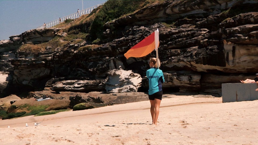 A lifeguard with a red and yellow flag on the beach