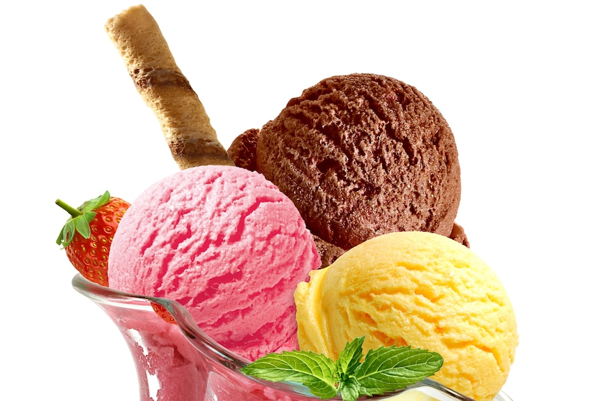 Colourful scoops of ice cream in a bowl