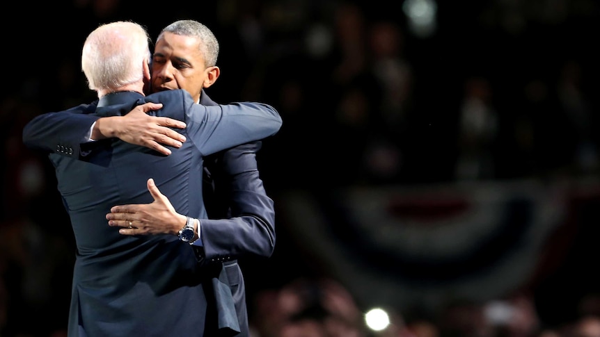 US president Barack Obama embraces vice president Joe Biden after winning re-election.