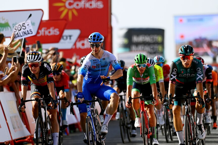 An Australian rider sits up in the saddle and reacts as he crosses the line to win a Vuelta stage in a sprint finish.