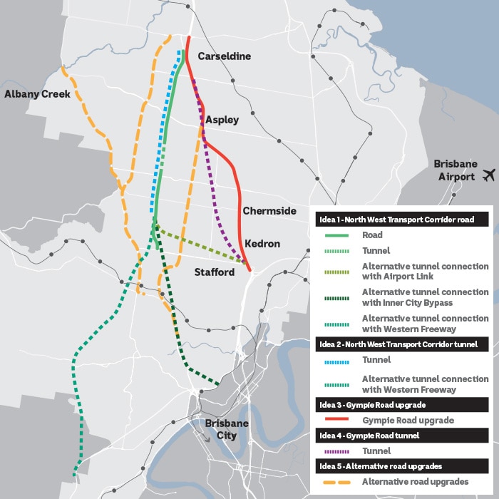 A map showing options for new roads or tunnels through Brisbane's North Western suburbs