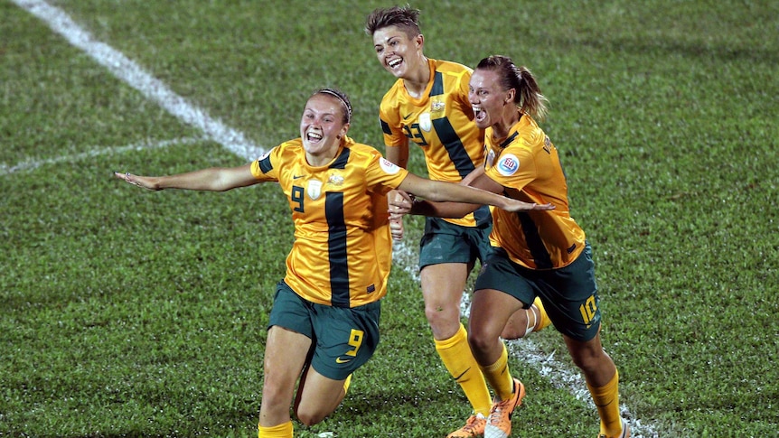 Caitlin Foord celebrates goal for Matildas