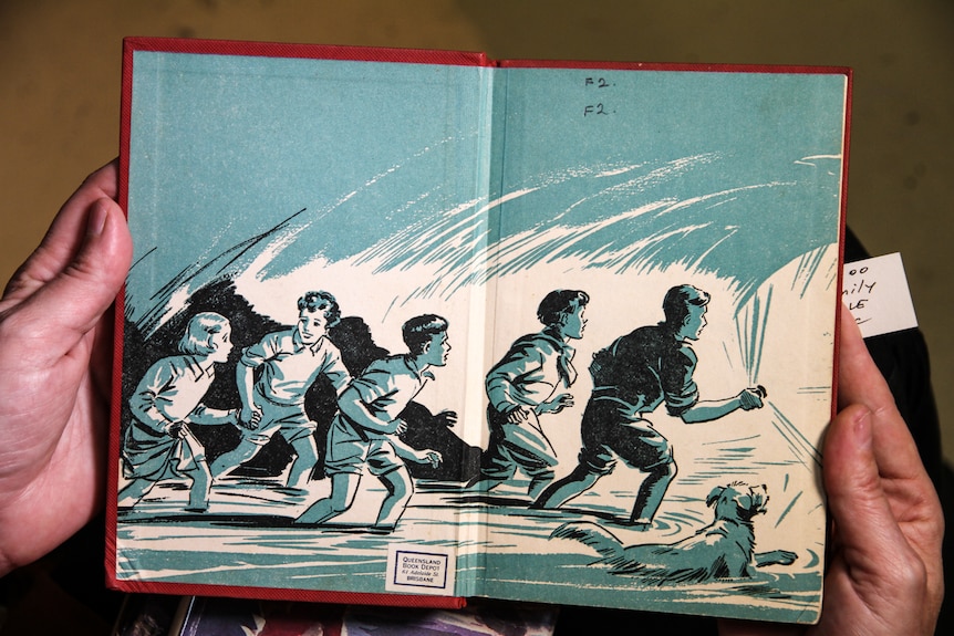 Inside cover of a vintage Famous Five Enid Blyton book, illustrated by Eileen