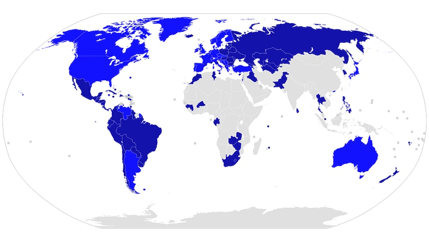 A map of the world is shown on a white background with countries shaded in light and dark blue, and grey.