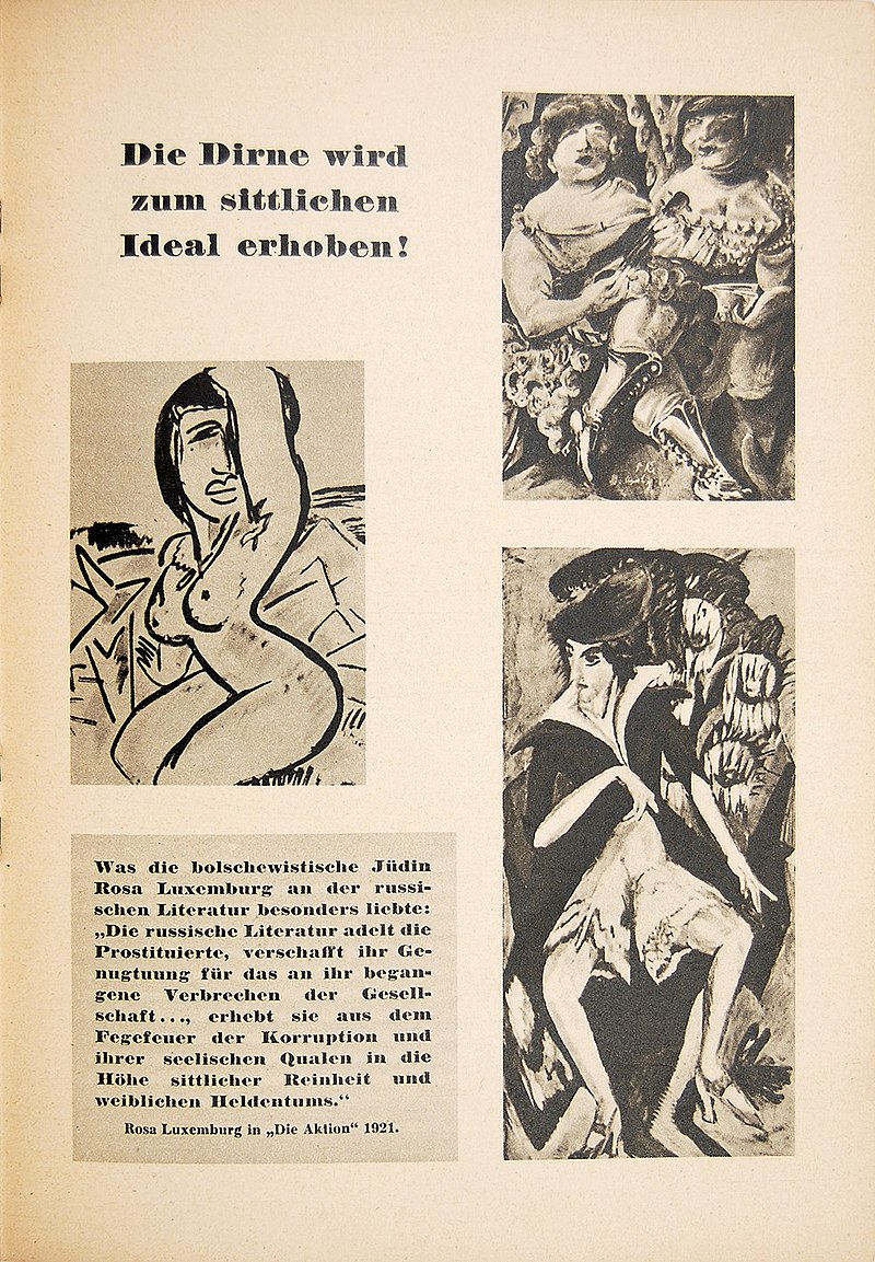 A scan of a yellowing page with German text. Three images feature, including a drawing of a nude woman.