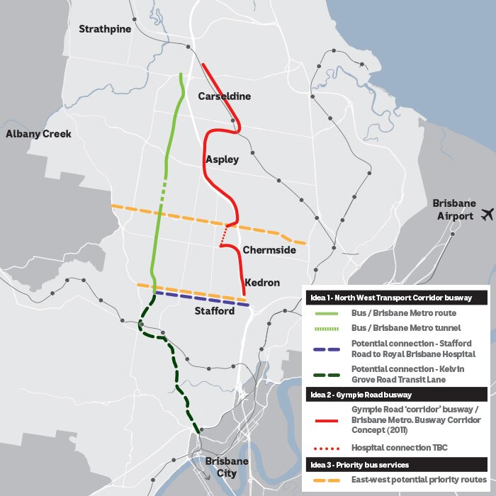 A map showing a potential busway connection through Brisbane's north west