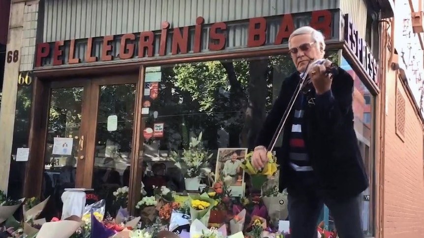 A violinist plays outside Pellegrini's in honour of well-known co-owner Sisto Malaspina